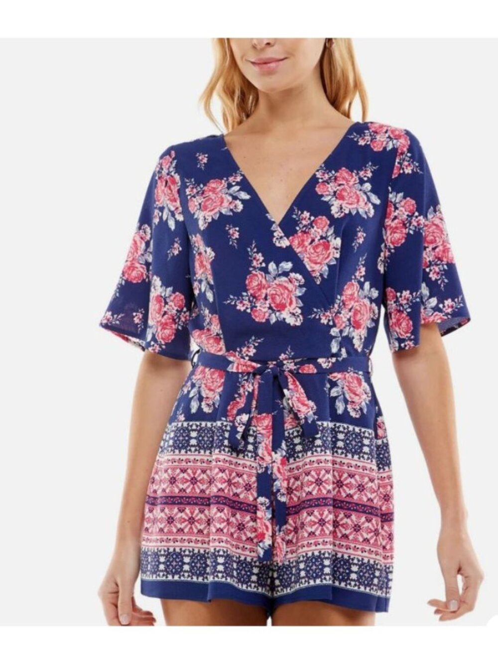 Trixxi Romper Junior XXS Navy Pink Floral Boho Border Print Surplice Coquette